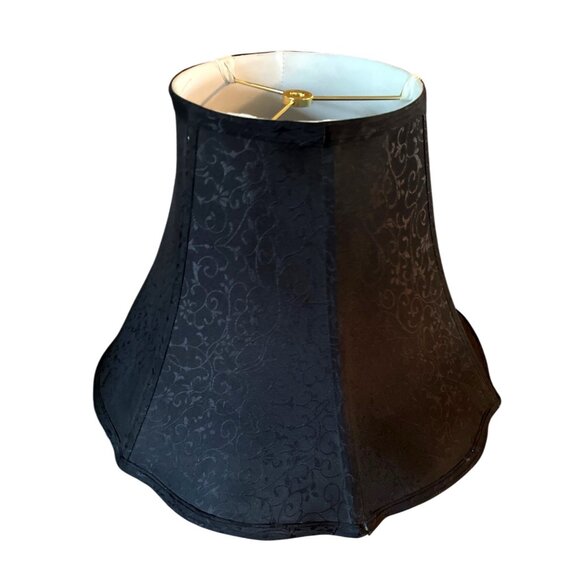 Other - Vtg Black Scalloped Jacquard Fabric Bell Lamp Shade White Liner Vertical Piping